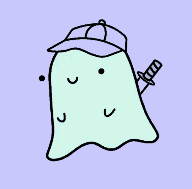 a cartoon ghost wearing a blue hat and holding a knife