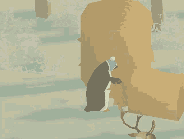 a penguin and a reindeer are walking in the snow