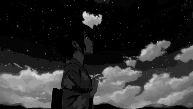 a black and white drawing of a woman looking at the stars
