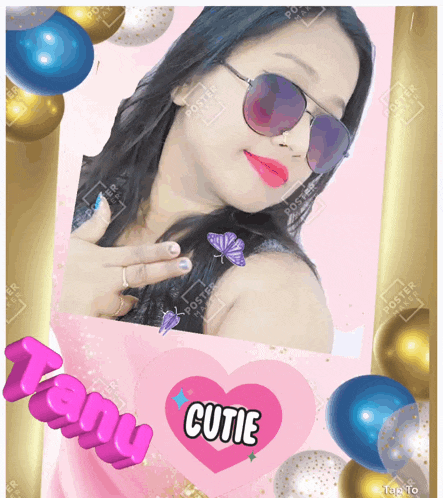 a picture of a woman with a pink heart that says cutie on it