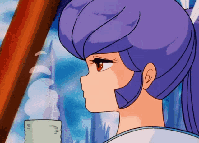 a girl with purple hair is drinking from a cup that says " milk " on it