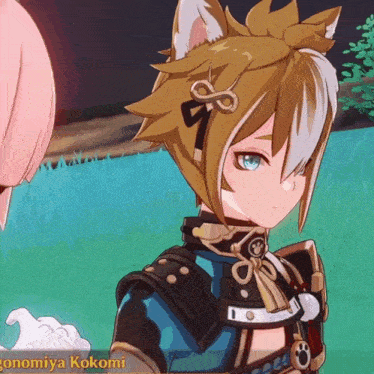 a video game character named gonomiya kokomi is standing in a field