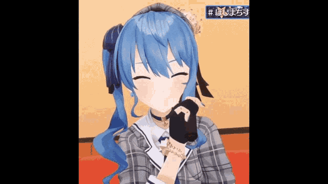 a 3d anime girl with blue hair is holding a microphone in her hand .
