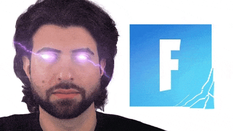 a man with a beard is standing in front of a blue fortnite logo
