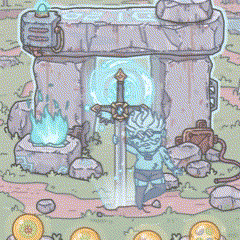a cartoon drawing of a stone altar with swords and a statue of a dragon .