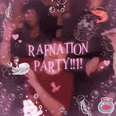 a poster for a raftation party with bubbles around it