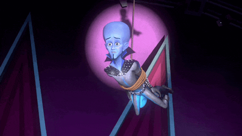 a cartoon character is hanging from a rope with a purple background