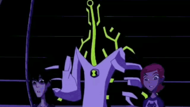 a group of cartoon characters standing next to each other in front of a purple alien .