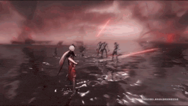 a video game character is standing in the water with a red light behind him