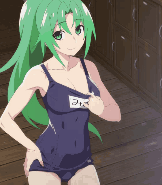 a girl with green hair is wearing a blue swimsuit with a label that says ' み ' on it