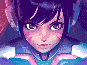 a pixel art drawing of a girl with a purple and pink outfit