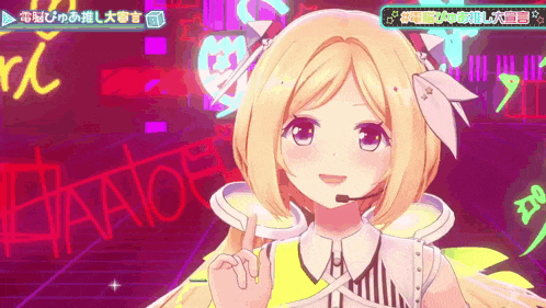a 3d anime girl with blonde hair and a microphone on her head .