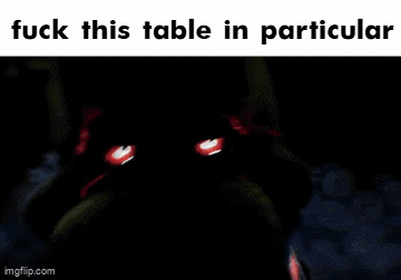 a black and white image with the words " fuck this table in particular " on it