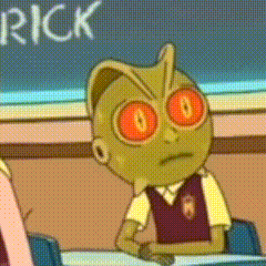 a cartoon character with red eyes is sitting at a desk in front of a blackboard with the word rick written on it .
