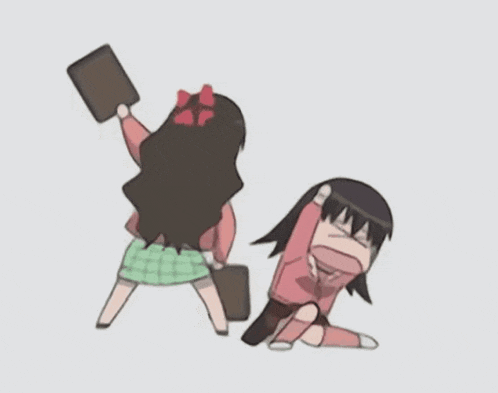 a cartoon of two girls fighting with one girl holding a book over her head