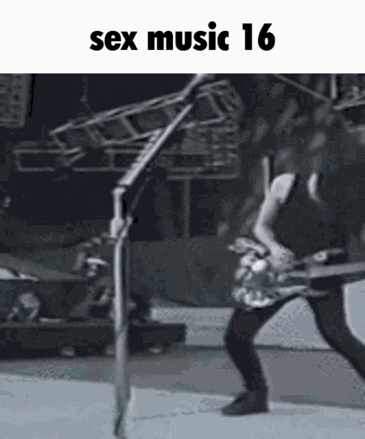 a man is playing a guitar in front of a microphone with the words sex music 16 above him