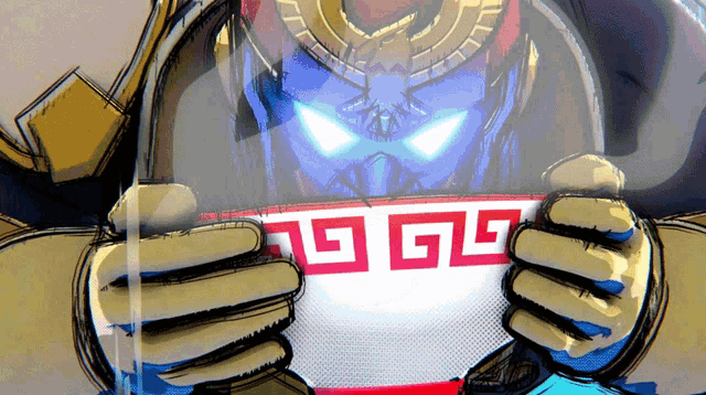 a cartoon drawing of a robot holding a piece of paper with a chinese symbol on it