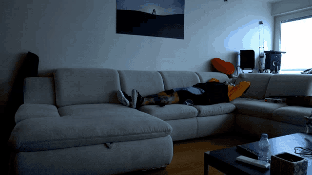 a person laying on a couch in a living room with a picture on the wall above them