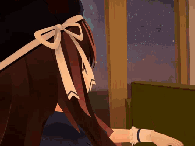 a girl with a bow in her hair looks out a window at night