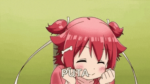 a cartoon girl with red hair and a bone in her hair is making a funny face and saying puta .