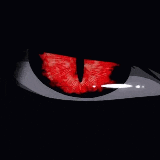 a close up of a person 's eye with a red pupil and a white stripe coming out of it .