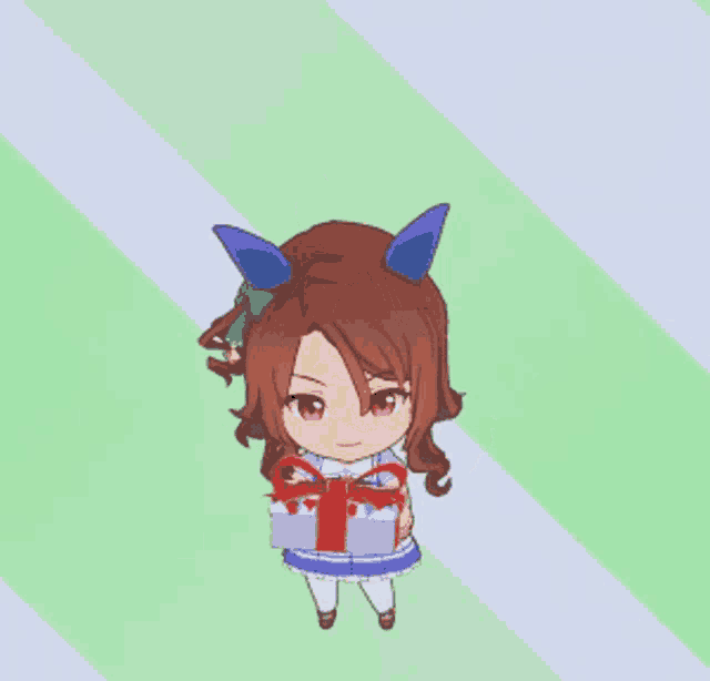 a girl in a blue dress is holding a gift box and smiling