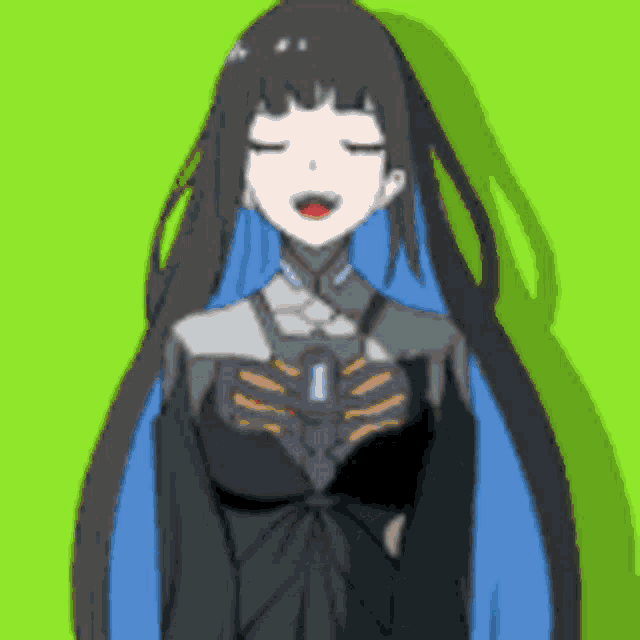 a drawing of a girl with long black hair and blue sleeves