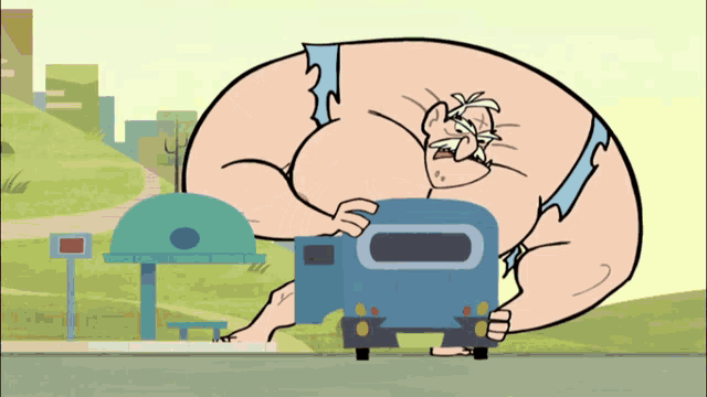 a cartoon of a man holding a blue truck