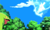 a green lizard is standing in front of a blue sky with trees in the background