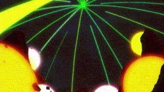 a purple and yellow background with a green light coming out of it .