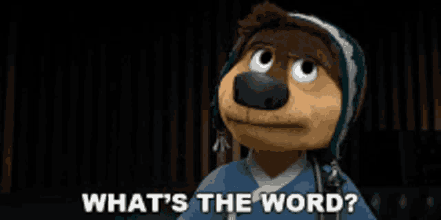 a stuffed animal is asking what 's the word .