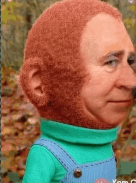 a stuffed monkey wearing overalls and a green turtleneck looks at the camera