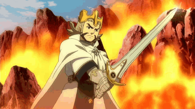 a cartoon of a man holding a sword in front of mountains