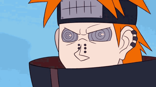 a close up of a cartoon character with purple eyes and a headband that says ' hhh ' on it