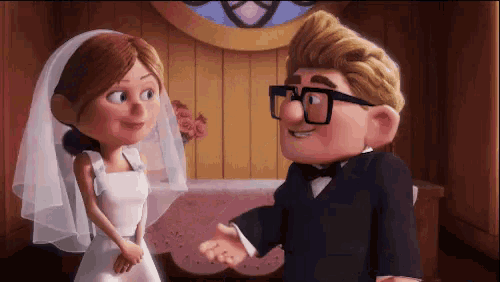a man in a tuxedo and a woman in a wedding dress are looking at each other
