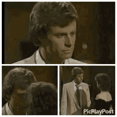 a man and a woman are standing next to each other in a room in a collage of four pictures .