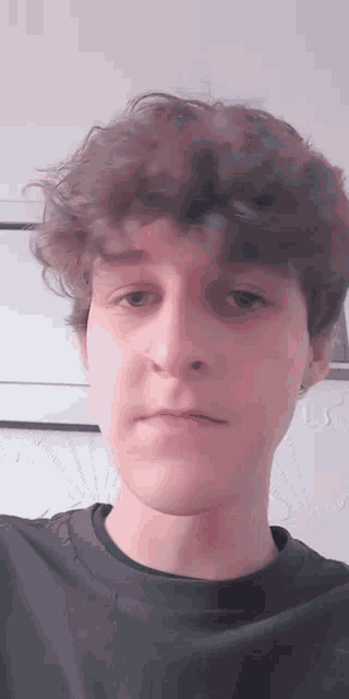 a young man with curly hair is taking a selfie .