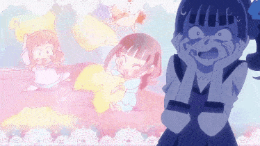 a girl with a surprised look on her face is surrounded by two other girls