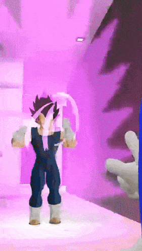 a cartoon character standing in front of a purple background
