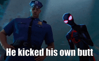 a police officer standing next to a spiderman with the words he kicked his own butt