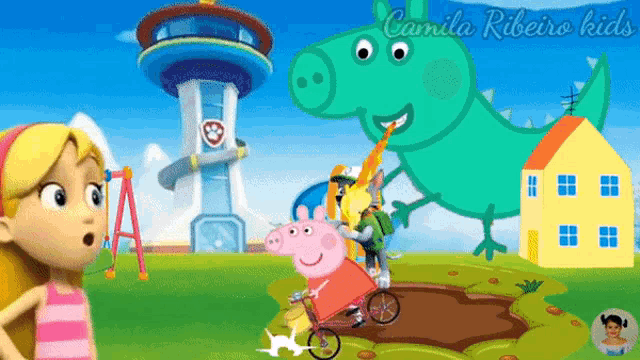 a cartoon of peppa pig riding a bike next to a dinosaur and a girl with the words camila ribeiro kids on the bottom