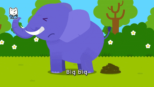 a purple elephant is standing in a grassy field with the words big big written below it