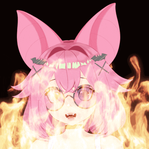 a cartoon character with pink hair and glasses is surrounded by fire