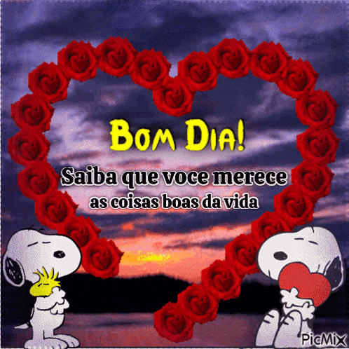 a picture of snoopy and woodstock surrounded by red roses and the words bom dia