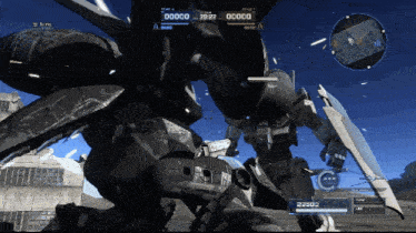 a video game shows two robots fighting each other and the numbers 00000 and 2222