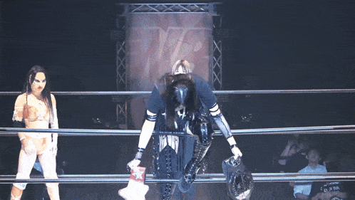 a woman in a wrestling ring is wearing a black mask