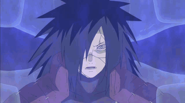 a drawing of a person with purple hair and a blue background