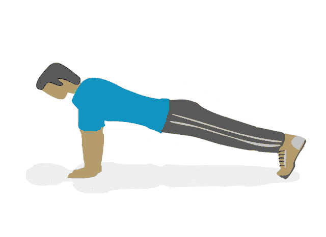 a man in a blue shirt is doing push ups on his knees