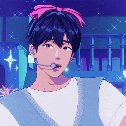 a boy with a pink bow in his hair is wearing a microphone