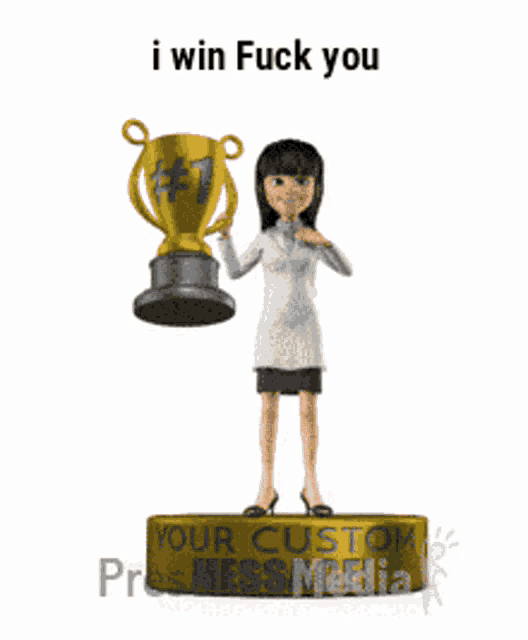 a woman holding a trophy that says # 1